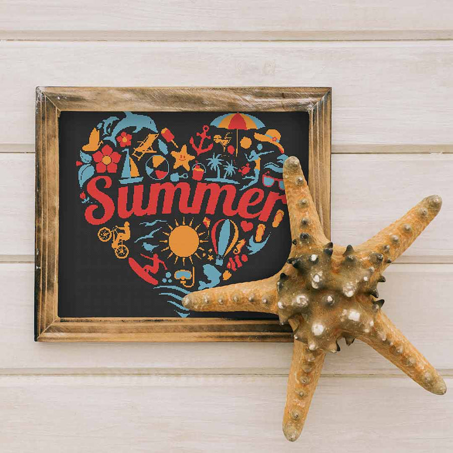 Stitched and framed preview of Summer Heart Counted Cross Stitch Pattern and Kit