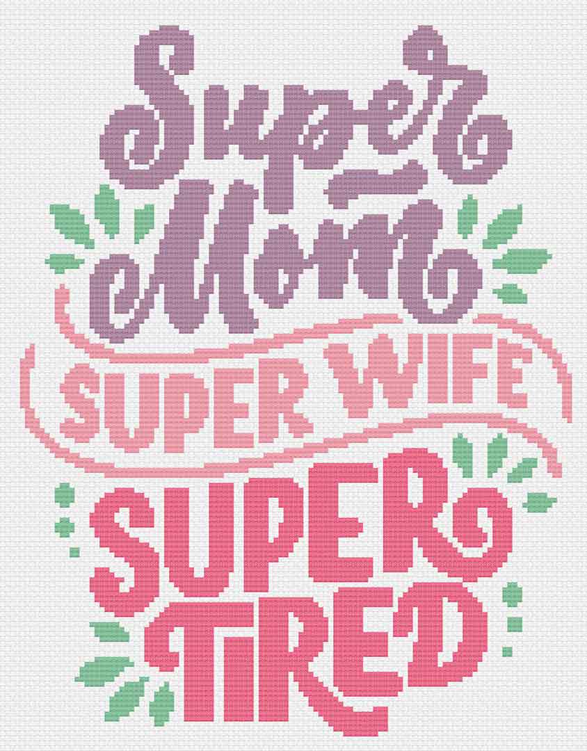 Stitched preview of Super Wife Counted Cross Stitch Pattern and Kit