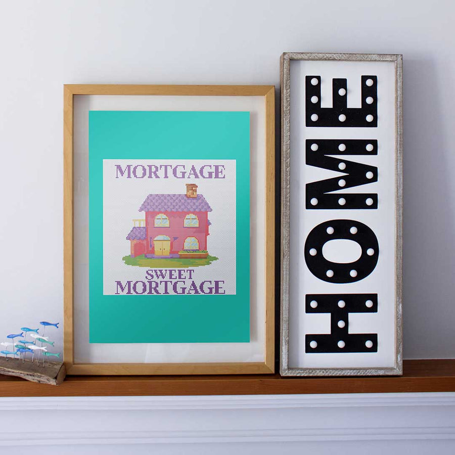 Stitched and framed preview of Sweet Mortgage Counted Cross Stitch Pattern and Kit