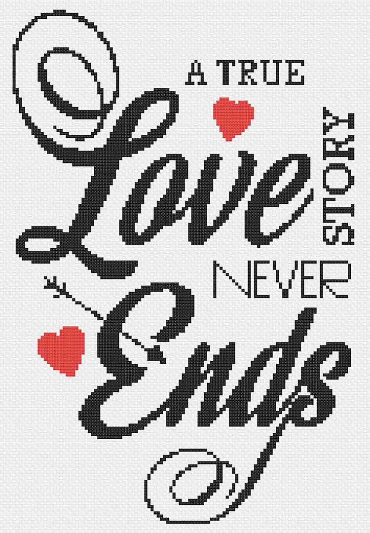 Stitched preview of True Love Story Counted Cross Stitch Pattern and Kit