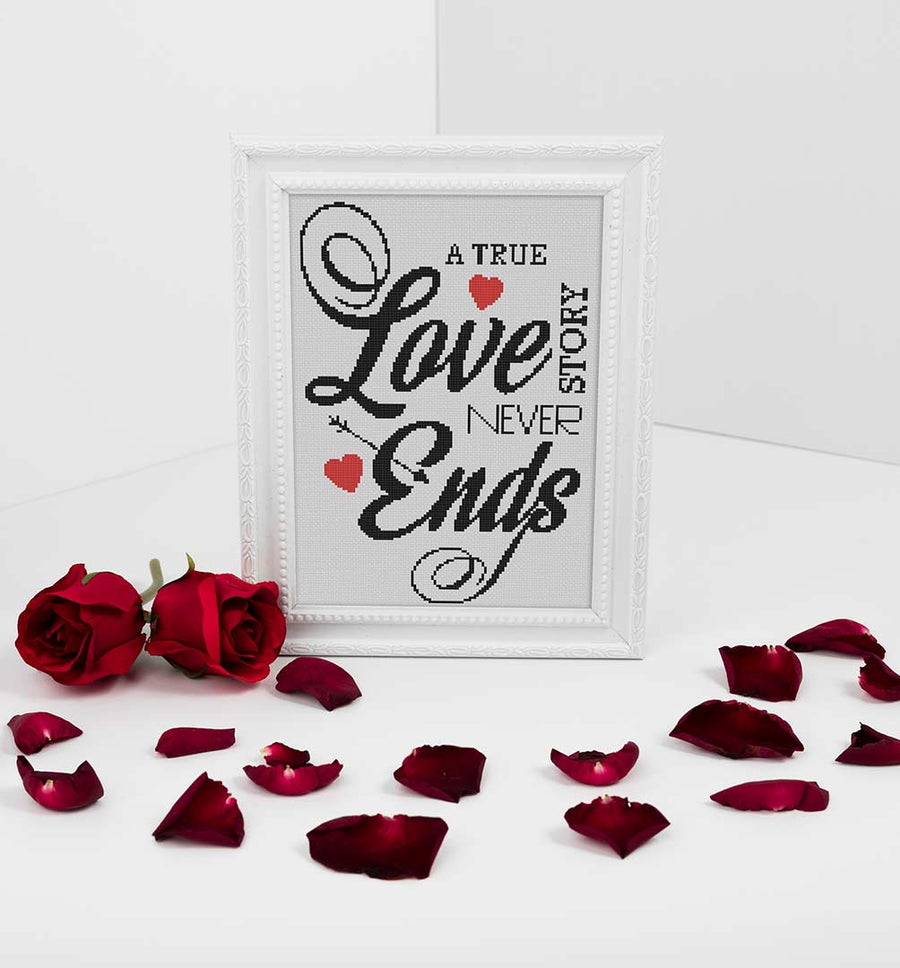 Stitched and framed preview of True Love Story Counted Cross Stitch Pattern and Kit
