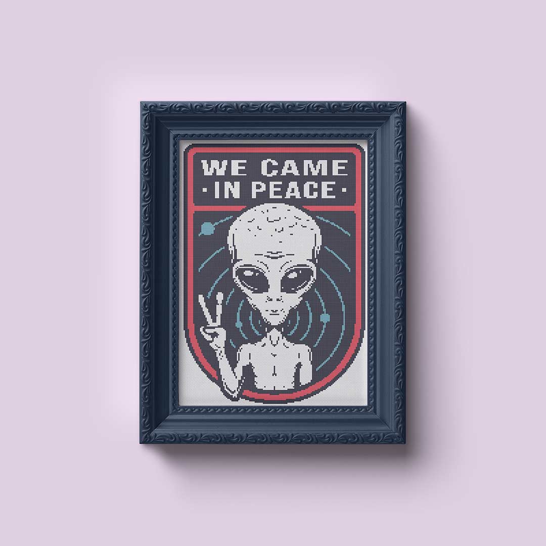 Stitched and framed preview of We Came In Peace Counted Cross Stitch Pattern and Kit