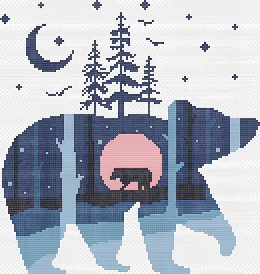 Stitched preview of Winter Bear Counted Cross Stitch Pattern and Kit